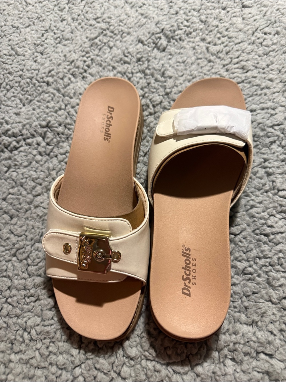 Dr. Scholl's Cream Slide Sandals with Gold Accent